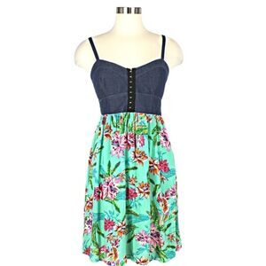 Dress Denim Corset Bodice Cottagecore Knee Length Empire Waist Floral Sz Jr's Lg